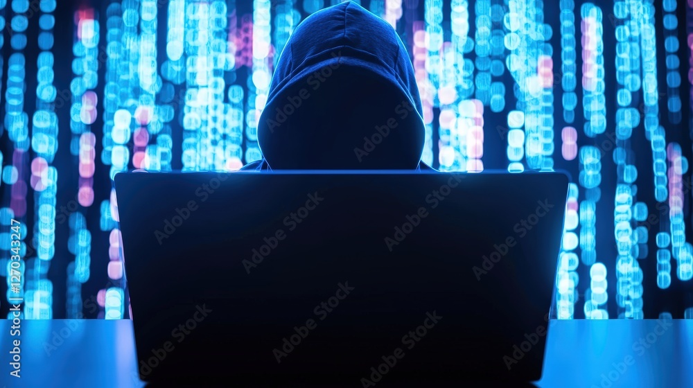 Poster a mysterious figure in a hoodie sits in front of a laptop, illuminated by a backdrop of glowing digi