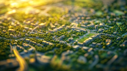 Aerial city sunrise model, urban planning, green spaces