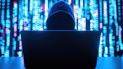 A mysterious figure in a hoodie sits in front of a laptop, illuminated by a backdrop of glowing digital code, suggesting themes of cybersecurity and hacking.