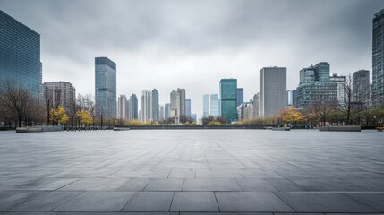 Obraz premium A quiet city plaza with a skyline under overcast skies. Featuring calm and introspection