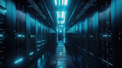 Obraz premium Futuristic Data Center with Rows of Server Racks