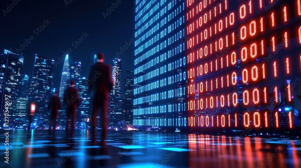 Aufkleber a futuristic cityscape with figures silhouetted against a glowing binary code backdrop, symbolizing 