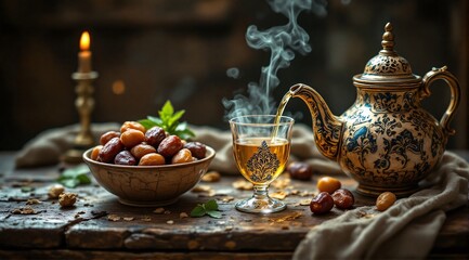 A rustic wooden table with fresh dates, a teapot pouring mint tea, and warm candlelight creating a cozy mood.