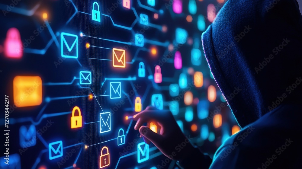 Poster a figure in a hoodie interacts with a vibrant digital interface displaying emails and security icons