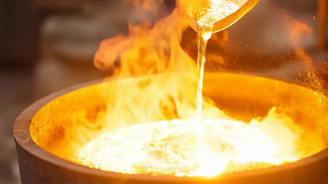 Molten Gold Pour: Molten gold is poured into a crucible, flames licking the sides, creating a dramatic image of the gold refining process.  