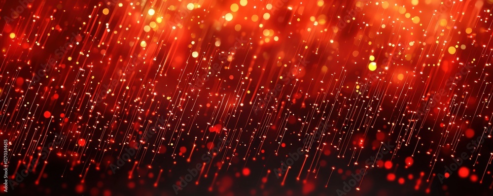 Poster a vibrant background of red and orange particles resembling sparkling raindrops, creating a dynamic 