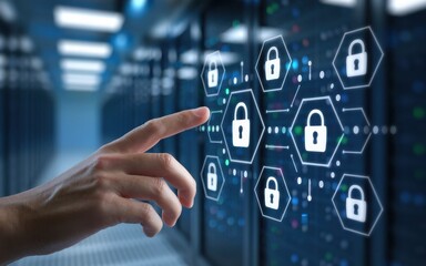 Hand touches a digital display with security lock icons