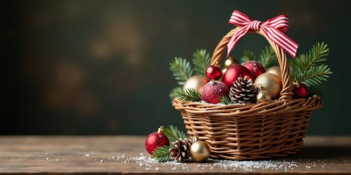 A charming wicker basket overflowing with festive red and gold ornaments, nestled amongst sprigs of evergreen and dusted with a delicate layer of snow, creating a delightful holiday scene.