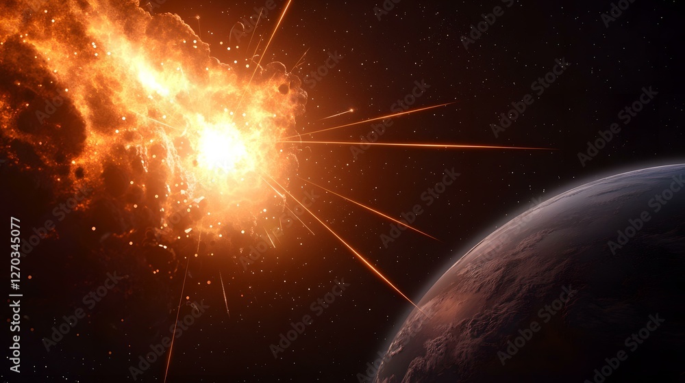 Aufkleber a fiery meteor hurtles toward a planet, creating a massive explosion of light and energy in space.
