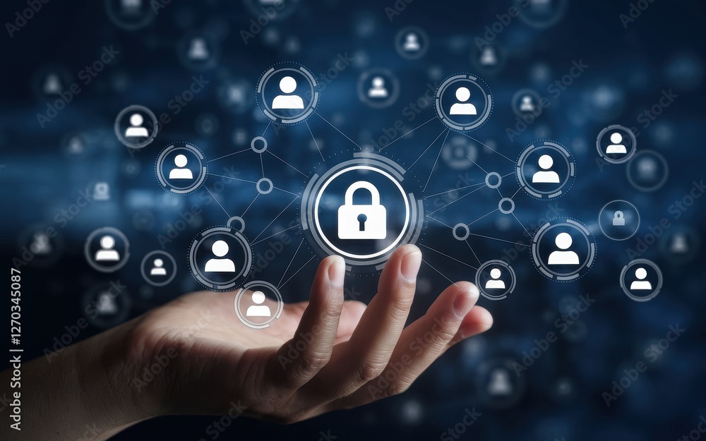 Poster cybersecurity concept presented over an open hand with network connections