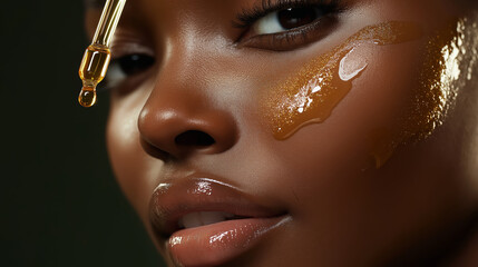 Beautician applying serum on model face with dropper for skincare treatment