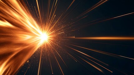 The image shows a bright, golden explosion of light and energy radiating outwards from a central point against a dark background.  Numerous streaks of light resemble sparks or rays, creating a dynami
