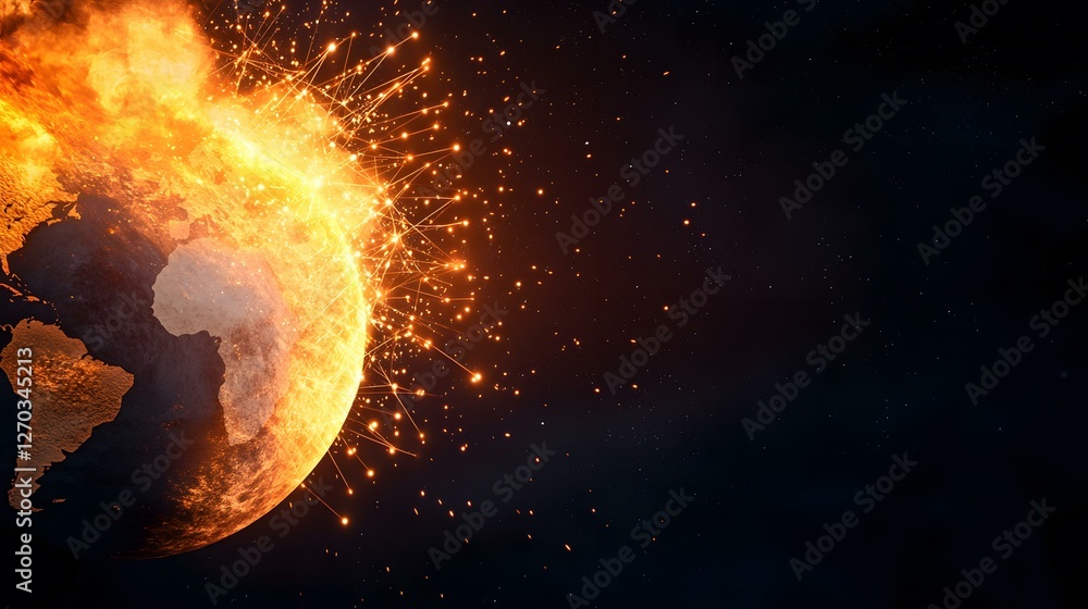 Poster the image shows a burning earth with fiery particles emanating from its surface, set against a dark 