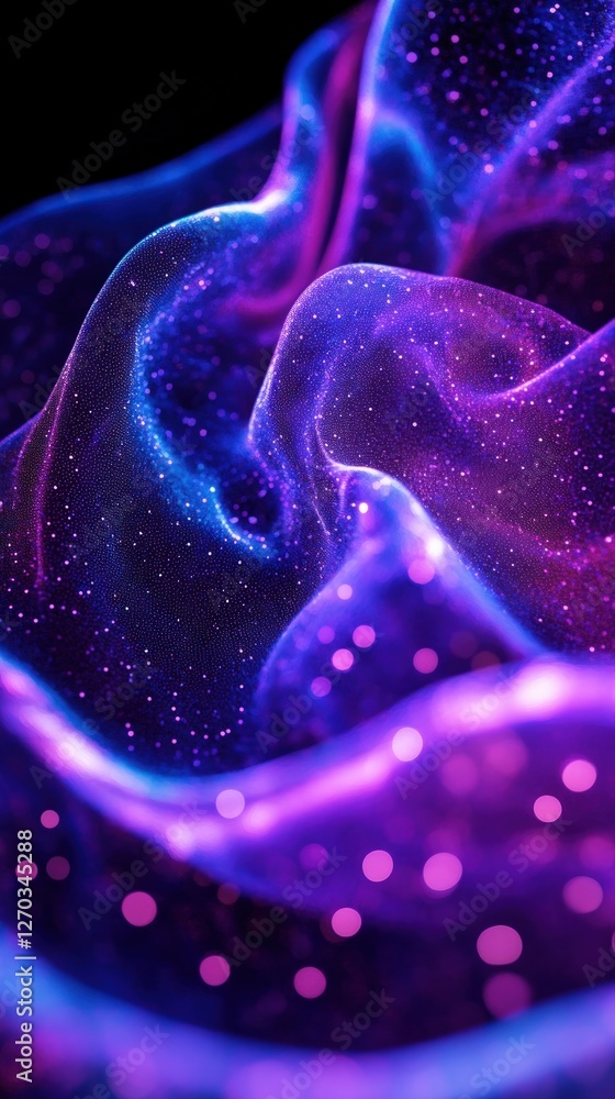Poster abstract glowing fabric waves with scattered particles and bokeh