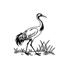 Black and White Heron Bird Silhouette with Grass – Vector Illustration