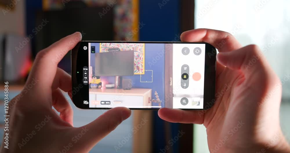 Aufkleber hands adjusting photo and video settings on a smartphone, navigating through options on a vibrant sc