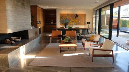 Sleek Modern Living Room with Large Windows and Wooden Furniture