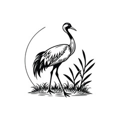 Black and White Heron Bird Silhouette with Grass – Vector Illustration