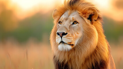 Fototapeta premium Majestic lion at sunset in African savanna; wildlife photography