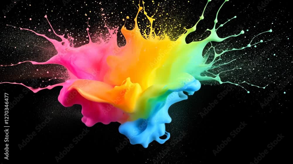 Poster vibrant neon paint splashes on black background showcasing dynamic bright colors and energetic artis