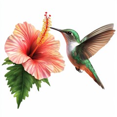 Fototapeta premium Vibrant Hummingbird Feeding on a Bright Pink Hibiscus Flower in Lush Greenery