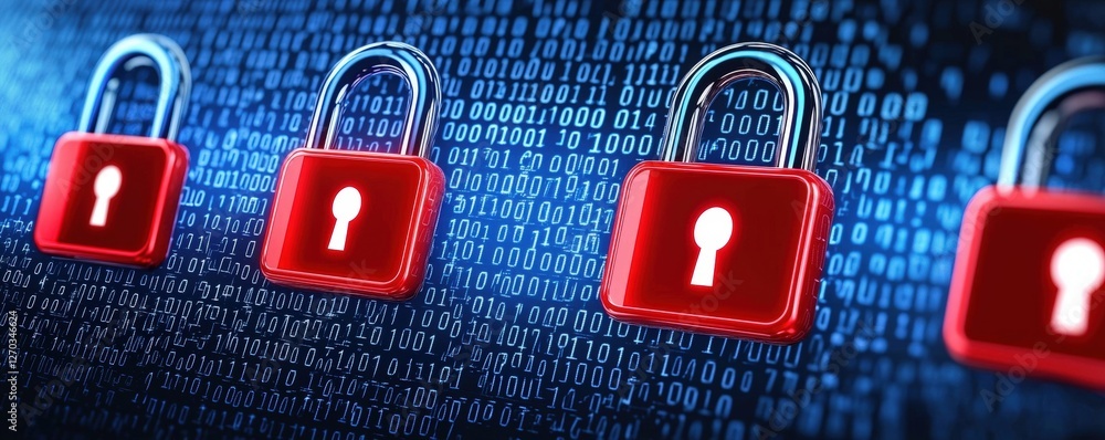 Poster a digital representation of red padlocks against a binary code background, symbolizing security and 