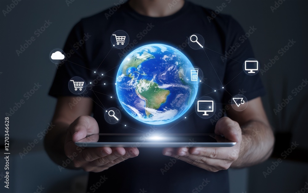 Poster man holding tablet displaying earth connected with digital icons