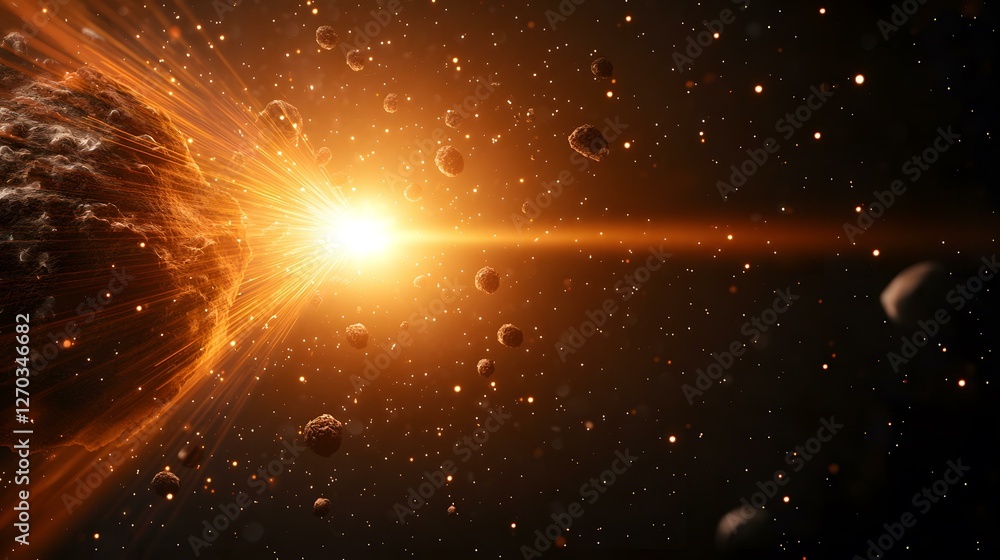 Poster the image shows a large asteroid or celestial body exploding in a bright orange and yellow light, wi