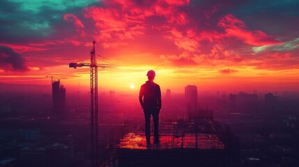 Fototapeta premium Construction worker sunset cityscape rooftop success