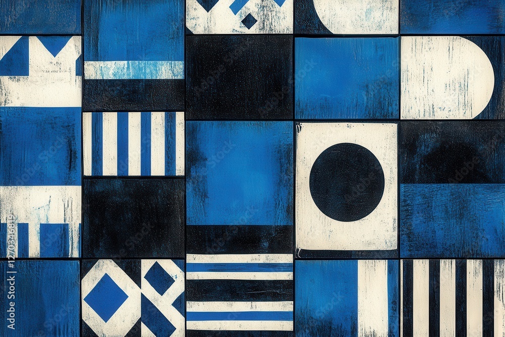Poster abstract blue and white geometric pattern, grid of squares with various shapes. ideal for background