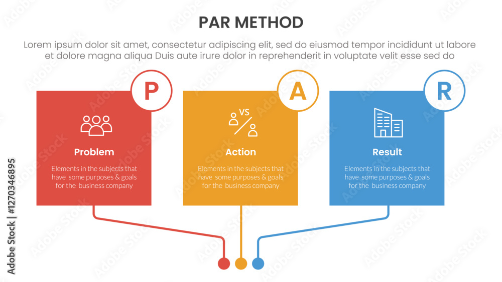 Poster par method infographic 3 point with square box linked connection circle badge for slide presentation