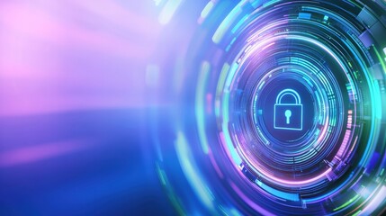 A vibrant digital lock symbol surrounded by concentric circles, representing security and technology in a colorful, futuristic environment.