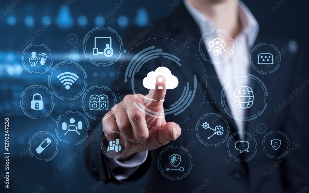 Poster businessman touching a digital interface with cloud computing icons