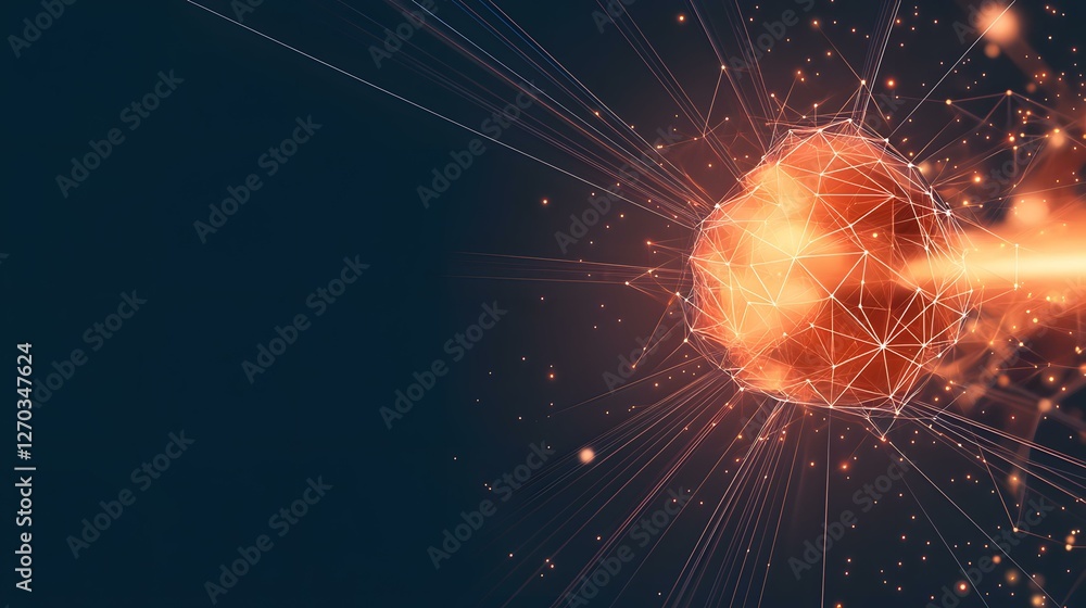 Poster the image shows a glowing orange, geometric sphere connected to a network of lines and points of lig