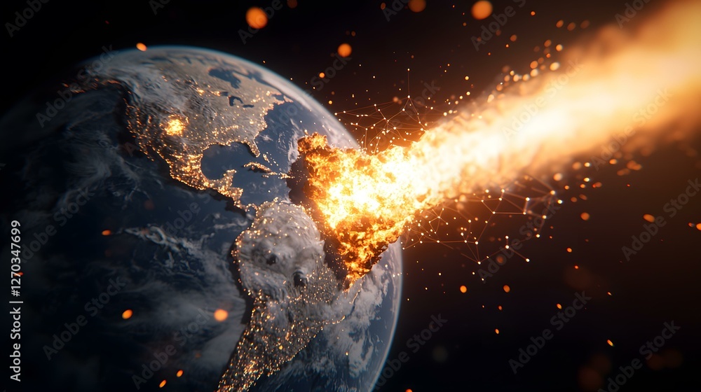 Poster a fiery meteoroid impacts earth, causing a massive explosion and widespread devastation, depicted in