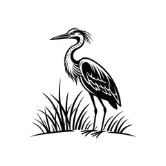 Obraz premium Black and White Heron Bird Silhouette with Grass – Vector Illustration