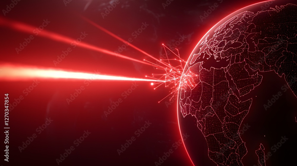 Poster a red glowing earth with interconnected nodes and red beams of light emanating from a point on the n