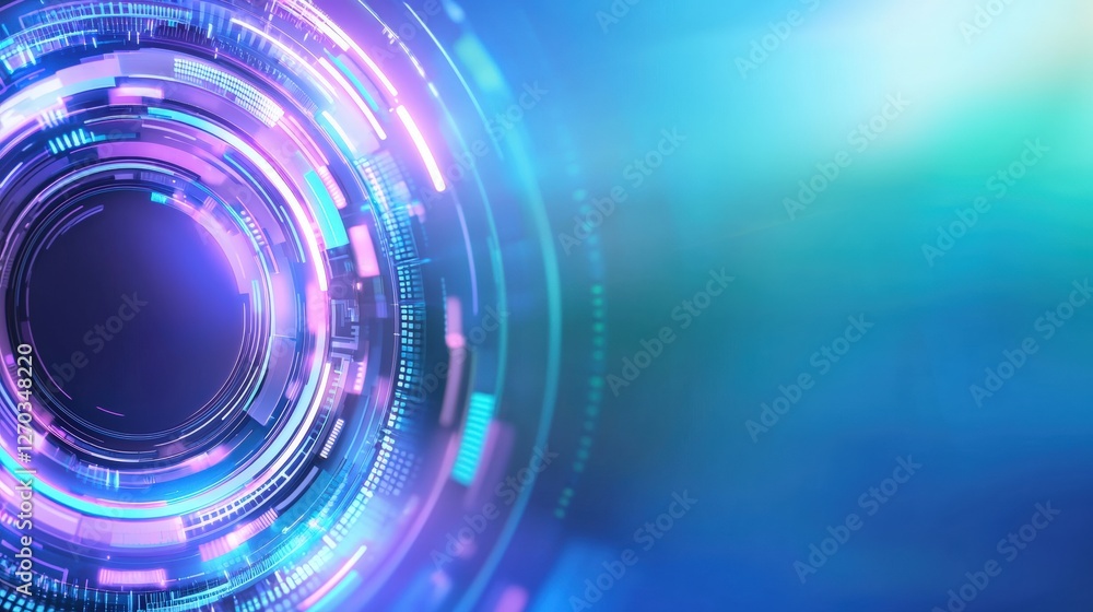 Poster a vibrant, abstract design featuring circular patterns and glowing colors, creating a futuristic and