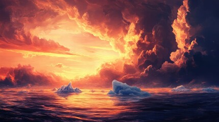Melting icebergs floating in the ocean under a dramatic sky, symbolizing global warming.