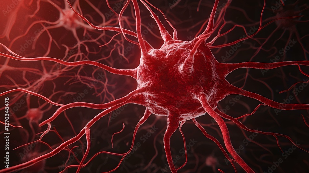 Poster the image shows a detailed close-up of a neuron, its cell body and numerous dendrites extending outw