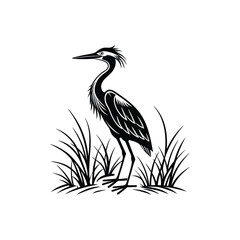 Black and White Heron Bird Silhouette with Grass – Vector Illustration