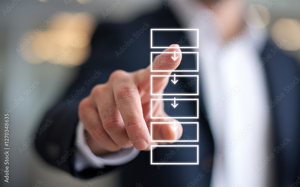 Poster man in suit selecting options from a virtual checklist
