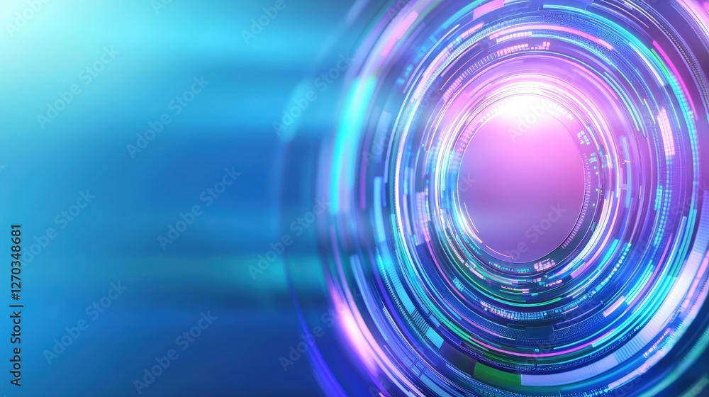 Poster a vibrant, abstract design featuring circular patterns and glowing lights, suggesting depth and move