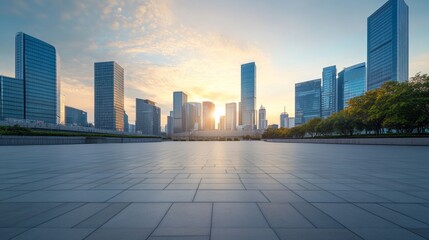 A serene urban plaza with a skyline at sunrise. Featuring calm and rejuvenation