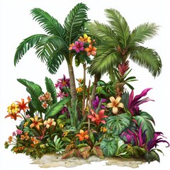 Vibrant Tropical Plant Composition with Lush Greenery, Colorful Blooms and Exotic Flora for Nature and Garden Themes