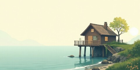 Fototapeta premium Serene Lakeside Cabin Retreat A Peaceful Waterfront Escape with Stunning Views and Tranquil Atmosphere