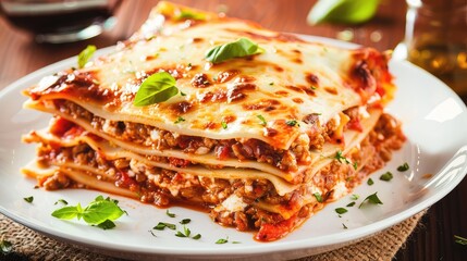 Delicious Layered Lasagna with Rich Meat Sauce and Fresh Basil Garnish