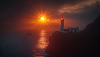 Fototapeta premium Dramatic sunset illuminating a majestic lighthouse perched atop a cliff overlooking a tranquil ocean; fiery sky, peaceful scene.