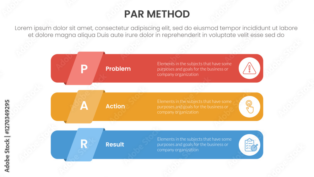 Poster par method infographic 3 point with long round rectangle shape stack for slide presentation