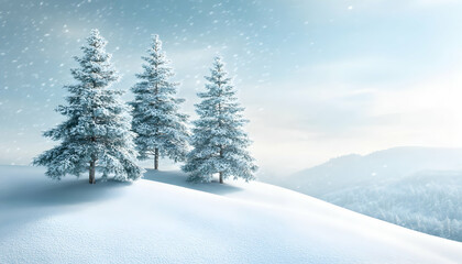 Fototapeta premium Serene winter landscape featuring three snow-covered pine trees on a gently sloping hill, under a softly falling snow.